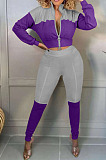 Grey And Blue Spliced Casual  Long Sleeve Stand Neck Doubel Zipper Head Tops Skinny Pants Suit HXY88085-1