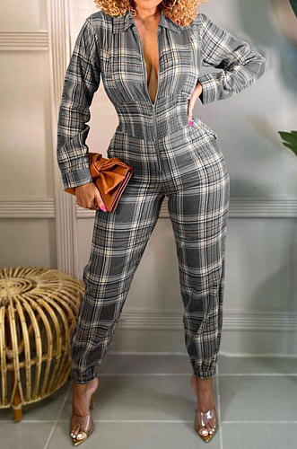 Grey Fashion Checked Long Sleeve Lapel Neck Collect Waist Jumpsuits HXY88081-2