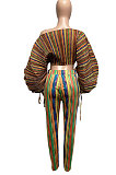 Brown Casual Digital Stripe Printing Arm Drawsting Long Sleeve Round Collar Crop Tops Pencil Pants Two-Piece Q980-1