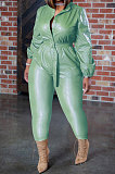 Black New Women's Leather Single-Breasted Long Sleeve With Beltband Slim Fitting Jumpsuits LY057-1