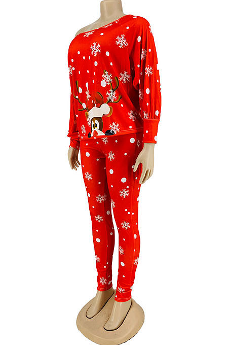 Neon Green Fashion Christmas Printed Long Sleeve T-Shirts Skinny Pants The Home Suit LY054-3