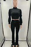 Red Wholesale Vevet High Neck Crop Tops Flare Pants Solid Color Suit HXY88088-2