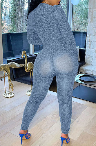 WHOLESALE | Light Blue Autumn Winter Mesh Long Sleeve Zip Front Slim Fitting Jumpsuits ALS266-4