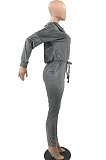 Gray Korea Velvet Pure Color Long Sleeve Sexy A Word Shoulder Pocket Casual Jumpsuits MQX23591-1
