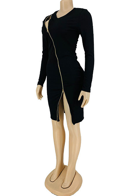 White Modest Sexy Inclined Zipper Ribber Long Sleeve Slim Fitting Slit Dress LY055-2