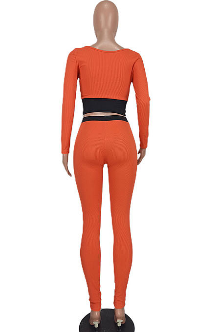 Purple Euramerican Women Dew Waist Casual Spliced Ribber Pants Sets ED8545-2