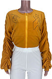 Orange Sexy Printing Line Puff Sleeve Round Collar Loose Zipper Coat MDF5263-3