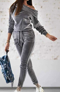 Gray Korea Velvet Pure Color Long Sleeve Sexy A Word Shoulder Pocket Casual Jumpsuits MQX23591-1