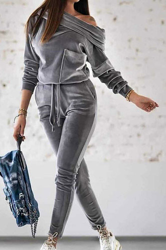 Gray Korea Velvet Pure Color Long Sleeve Sexy A Word Shoulder Pocket Casual Jumpsuits MQX23591-1