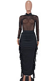 Black Sexy Mesh Spaghetti Fashion Perspectivity Top Tassel Skirts Sets ED8540-1