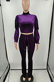 Black Wholesale Vevet High Neck Crop Tops Flare Pants Solid Color Suit HXY88088-1