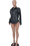 Black Sexy Loose Cardigan PU Leather Solid Color Coat ED8542