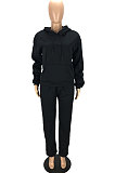 Black Preppy Pure Color Long Sleeve Hoodie Jogger Pants Sport Sets LYY9318-1