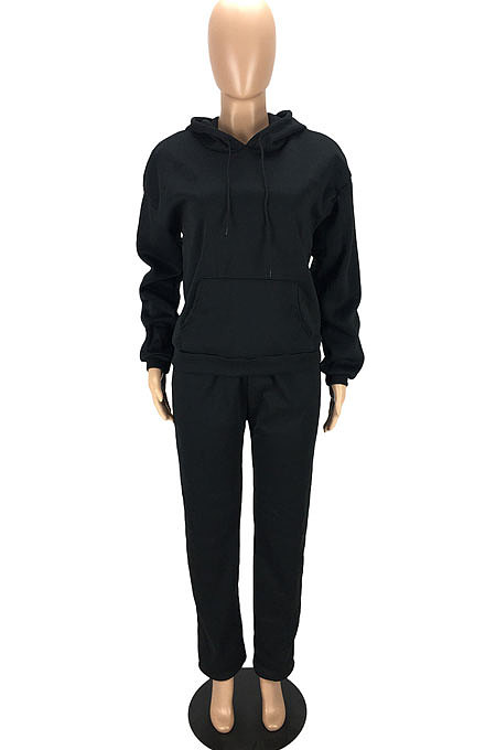 Black Preppy Pure Color Long Sleeve Hoodie Jogger Pants Sport Sets LYY9318-1