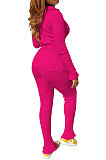 Wine Red Women's Ribber Pure Color Single-Breasted Bodycon Pants Sets NK266-1