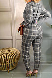 Orange Fashion Checked Long Sleeve Lapel Neck Collect Waist Jumpsuits HXY88081-1
