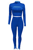 White  Women's Long Sleeve Stand Collar Hollow Out Sexy Split Pants Sets Q983-1