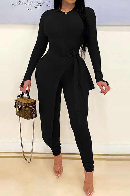 Peacock Blue Wholesale New Long Sleeve Round Neck Lace-Up Knotted Irregularity Tops Skinny Pants Solid Color Suit SZS8198-6