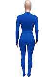 Blue Women's Long Sleeve Stand Collar Hollow Out Sexy Split Pants Sets Q983-2