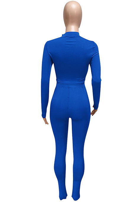 Blue Women's Long Sleeve Stand Collar Hollow Out Sexy Split Pants Sets Q983-2