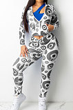 Red Fashion Women's Design Printed Long Sleeve Zipper Tops Skinny Pants Suit T243-2