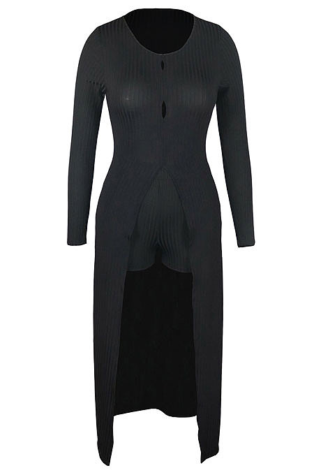 Black Women's Round Collar Long Sleeve Shorts Hole Super Elastic Ribber Shorts Sets QQM4347-1