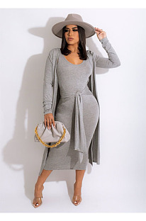 Grey Fashion Lace-Up Tank Dress+Cardigan Coat Solid Color Suit QZ3328-3