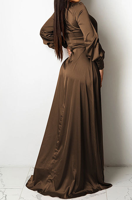 Brown Trendy Sexy Pure Color Women Deep V Collar Bandage Long Sleeve Split Long Dress XZ5373-3