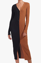Black Cotton Blend Sexy V Collar High Waist Color Matching Buttons Long Dress CSM21475-3