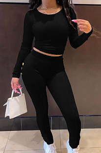 Black Simple Long Sleeve Back Bandage Tops Letter Printed Skinny Pants Sets DN8645-1