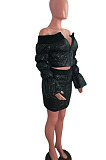 Navy Blue Fashion Luxe A Wrod Shouldet Puff Sleeve Zipper Tops Mini Skirts Sets QZ7008-3