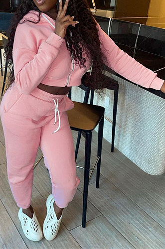 Pink Hoodie Pure Color Long Sleeve Zipper Sport Pants Sets AGY68532