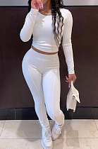 White Simple Long Sleeve Back Bandage Tops Letter Printed Skinny Pants Sets DN8645-2