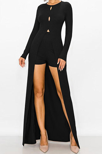 Black Women's Round Collar Long Sleeve Shorts Hole Super Elastic Ribber Shorts Sets QQM4347-1