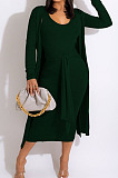 Grey Fashion Lace-Up Tank Dress+Cardigan Coat Solid Color Suit QZ3328-3