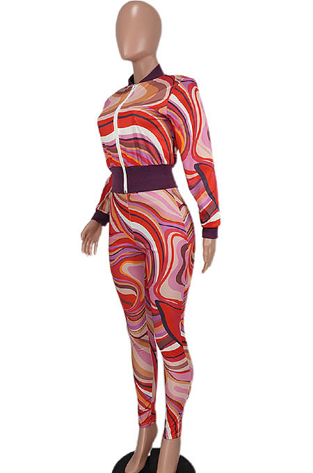 Purple Women Long Sleeve Zipper Bodycon Printing Pants Sets AGY68530-3
