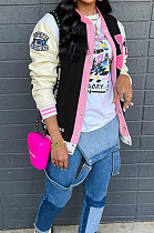 Black Preppy Digital Letter Printed Long Sleeve Front Button Jacket Coat SZS8195-1