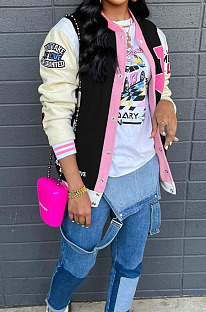 Black Preppy Digital Letter Printed Long Sleeve Front Button Jacket Coat SZS8195-1