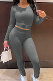 Grey Simple Long Sleeve Back Bandage Tops Letter Printed Skinny Pants Sets DN8645-3