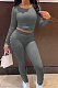 Grey Simple Long Sleeve Back Bandage Tops Letter Printed Skinny Pants Sets DN8645-3
