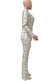 Beige Euramerican Plaid Jacket Casual Suits Wide Leg Pants Two Pieces Q984-1