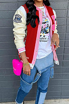 Red Preppy Digital Letter Printed Long Sleeve Front Button Jacket Coat SZS8195-2