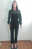 Black Simple New Velvet Long Sleeve Zipper Bandage Hooded Jumpsuits QZ6131-2
