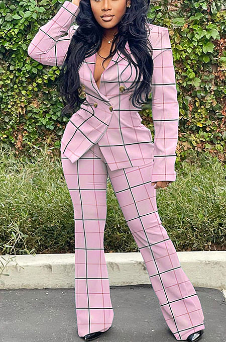 Pink Euramerican Plaid Jacket Casual Suits Wide Leg Pants Two Pieces Q984-2