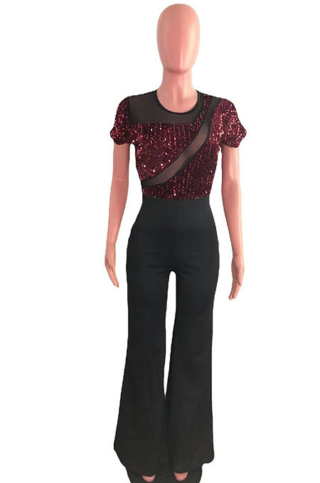 Wine Red Night Club Irregularity Sequins Spliced Short Sleeve Wide Leg Jumpsuits QZ6130-2