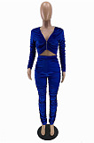 Green Wholesale Women's Ruffle Velvet Long Sleeve V Neck Crop Tops Trousers Suit QC8050-2