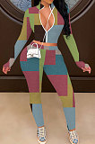 Multi Women's Color Block Sexy Zipper Long Sleeve Pants Sets QQM4342-1