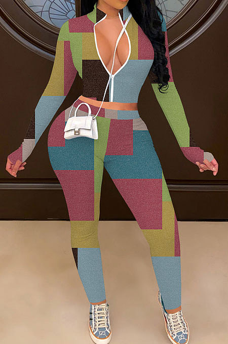 Multi Women's Color Block Sexy Zipper Long Sleeve Pants Sets QQM4342-1