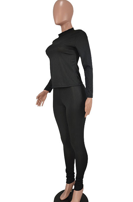 Yellow Ribber Solid Color Casual Long Sleeve Long Pants Sets AGY68535-2