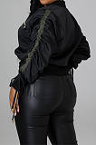 Black Wholesale New Drawstring Long Sleeve Zipper Tunics Jacket QZ7007-1